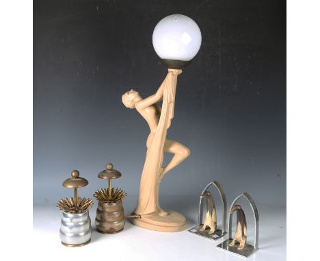 An Art Deco style cast composite figural table lamp, fitted with a glass globe shade, height 68cm, two other table lamps, a p