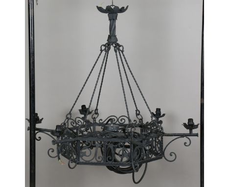 A 20th century medieval style wrought iron hanging six-light chandelier, diameter 100cm, together with another similar ceilin