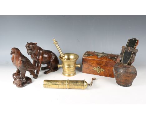 A group of collectors' items, including a late 19th century walnut twin-division tea caddy of domed form with relief cast bra
