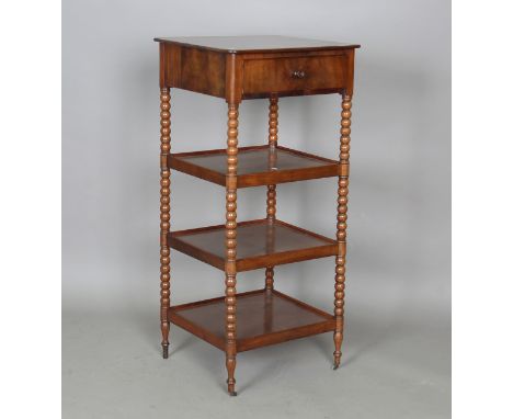 A 19th century French mahogany four-tier whatnot with single drawer and bobbin turned supports, height 105cm, width 49cm, dep