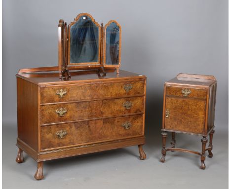 A George V walnut chest of drawers, on scroll feet, height 82cm, width 110cm, depth 53cm, together with a matching bedside ca