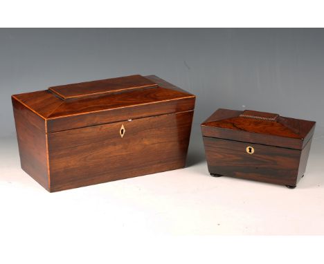 A George III mahogany tea caddy of sarcophagus form with compartmentalized interior, height 17cm, width 32cm, together with a