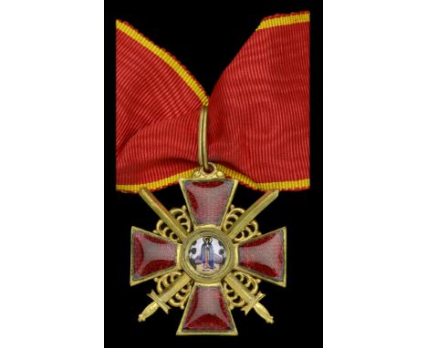 Russia, Empire, Order of St. Anne, Military Division, Second Class neck badge, 44mm, of wartime manufacturer in gilt base met