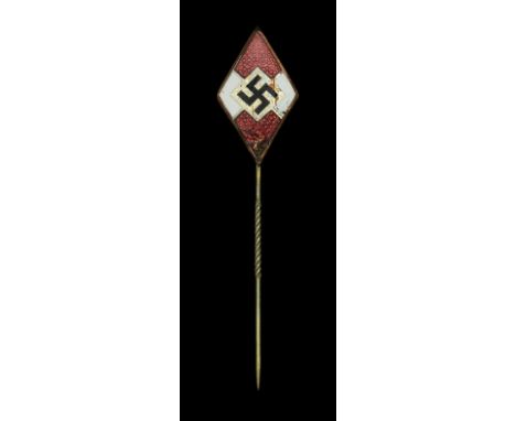 A German Third Reich Hitler Youth Membership Pin. Gilt base metal and enamel, maker marked on reverse, some enamel damage, th