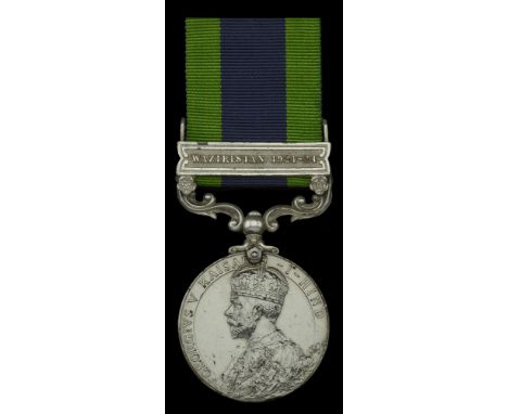 India General Service 1908-35, 1 clasp, Waziristan 1921-24 (3591825 Pte. F. Holt. Bord. R.) edge bruising, lacquered, nearly 