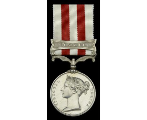 The Indian Mutiny Medal awarded to Private M. Finn, 61st Regiment of Foot, who was killed in action during the assault on Del