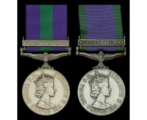 General Service 1918-62, 1 clasp, Cyprus (23385223 Pte. J. O’Connor. R. Leicesters.); General Service 1962-2007, 1 clasp, Nor