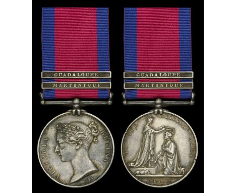 Military General Service 1793-1814, 2 clasps, Martinique, Guadaloupe (William Eyles, 25th Foot.) two edge nicks, otherwise to