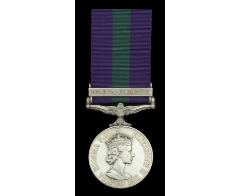 General Service 1918-62, 1 clasp, Arabian Peninsula (23674237 Pte. E. A. G. Dunk. R. Warwick.) initials double-struck, good v
