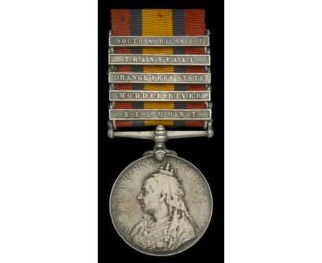 Queen’s South Africa 1899-1902, 5 clasps, Belmont, Modder River, Orange Free State, Transvaal, South Africa 1901, unofficial 
