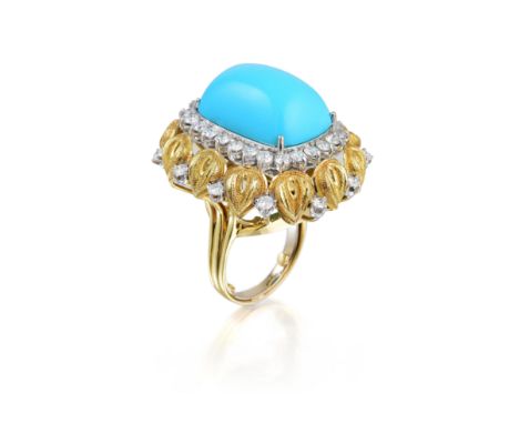 Featuring a centered Persian turquoise rectangular cushion-shaped cabochon, weighing approximately 60.60 carats, surrounded b