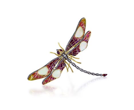 Designed as a dragonfly-shaped brooch, with two cabochon rubies as eyes, an opal on each of the four plique-à-jour wings, and