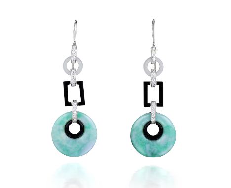 Designed as a pair of Art Deco style earrings, each featuring a circular jade with an onyx accent, suspended from onyx and br