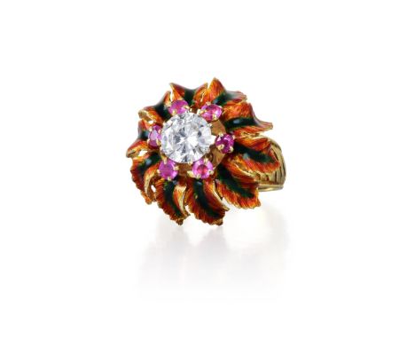 Featuring a 1.26-carat brilliant-cut diamond, with E color and SI1 clarity; surrounded by six small pink stones; mounted in 1