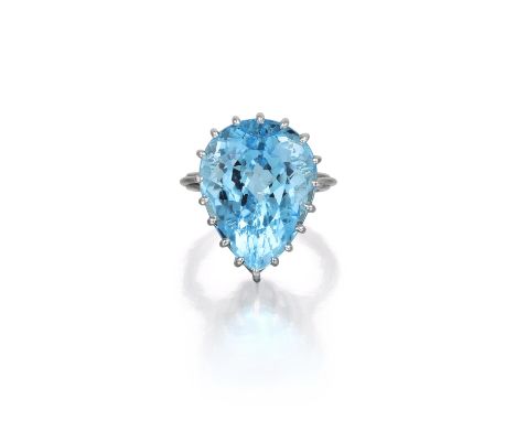 Featuring a pear-shaped aquamarine, weighing approximately 17.00 carats, mounted in platinum; ring size 6-3/4; weight 11.7g. 