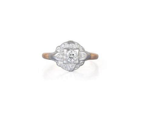 The ring featuring a 0.25-carat old European-cut diamond surrounded by eight single-cut diamonds, weighing approximately 0.30