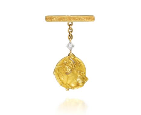 Depicting the portrait of a Lady, enhanced with small round-cut diamonds, crafted out of 22K yellow gold, suspended by a gold