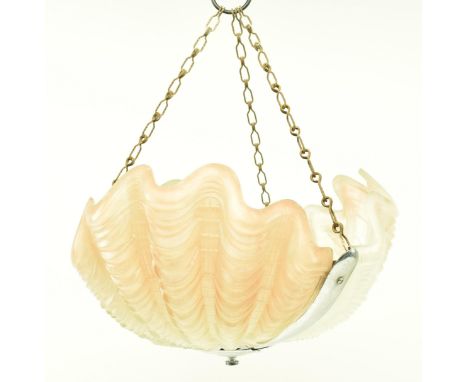 A vintage 1930s Art Deco Odeon type ceiling lamp light fitting / chandelier. The shade formed from three triform faded pink f