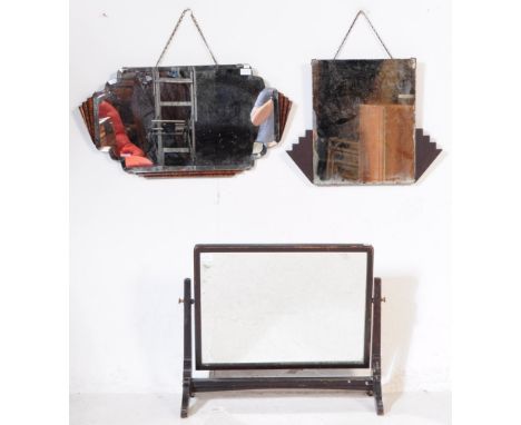 A collection of mirrors - Two Art Deco wall hanging examples with fan decoration and bevelled edge. Swing toilet mirror with 