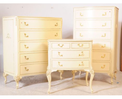 Olympus - A matching set of three vintage 20th century Louis XV French chest of drawers. In a white colourway with gilt spray