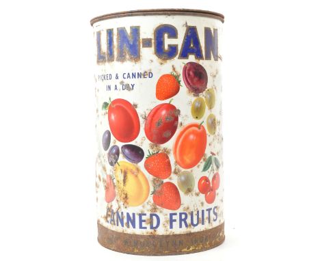 Lin - Can - A vintage 20th century point of sale advertising storage tin can. Picked and canned in a day slogan. White ground