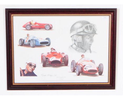 Tribute to Juan Manuel Fangio by Stuart McIntyre - A vintage 20th century framed and glazed print dedicated to the Formula 1 