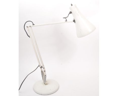 Anglepoise - A mid century white colourway industrial factory table desk top lamp / light. Conical tapering shade, on a three