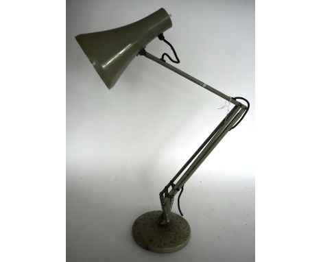 A mid 20th Century industrial anglepoise factory desk / table lamp in sage green. Of metal construction with conical shade, s