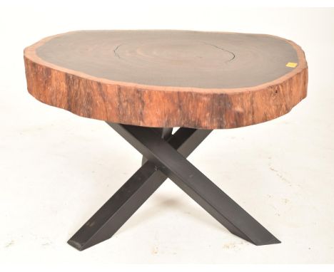 A contemporary bespoke made wood &amp; metal low occasional coffee table. The table having a tree trunk section as table top,