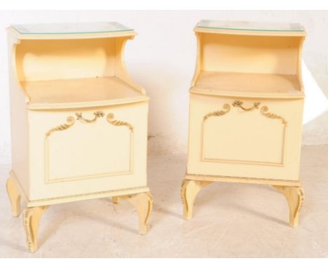 A pair of vintage 20th century circa 1970s French style bedside cabinet / tables. With curved glass platform, shelf / pigeon 