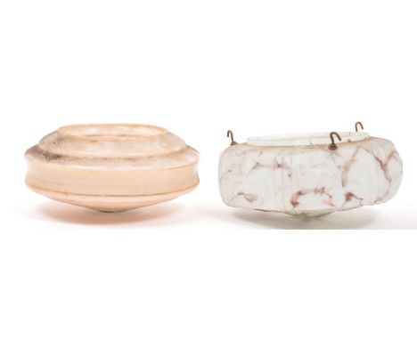 Two vintage mid 20th century Art Deco fly catcher glass ceiling lights. One of pink colourway with tiered circular shape. The