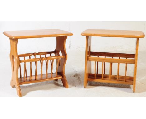 Ercol Furniture - Two contemporary beech &amp; elm occasional coffee table / magazine racks. Of rectangular curved plank form