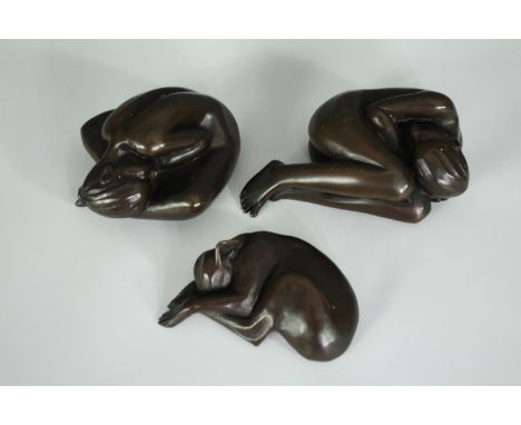 Deborah J Scaldwell, three bronze figures, two nudes and one a dog, signed. L.11cm. (largest). 