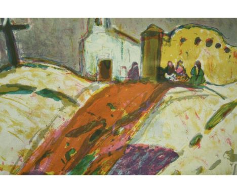 A framed and glazed limited edition lithograph, figures in a townscape, indistinctly signed and numbered. H.55 W.64cm. 