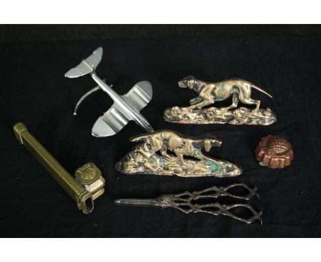 A vintage aluminium model aeroplane along with other metalware and silver plate. L.17cm. (largest) 