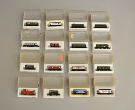 Z Gauge. 16 boxed Marklin Mini-Club Coaches and Wagons of various different types, all appear G/VG boxed. (16)