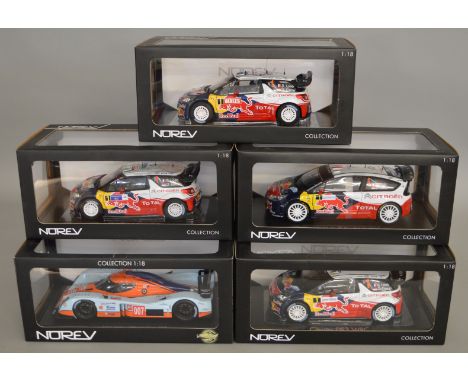 5 boxed 1:18 scale diecast models by Norev, 4 Citroen rally cars and 1 Lola Aston Martin LMP-1 Le Mans 2009 (5)