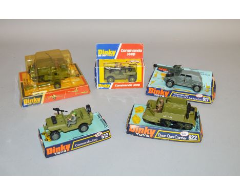 5 boxed Dinky Toys military diecast models including 2 x 612 Commando Jeep each in different style boxes, 617 Volkswagen KDF,