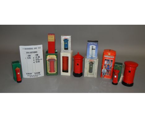 A curved enamel Pillar Box Collection Times plate together with 11 pillar box and telephone kiosk models&nbsp; by 'Bypost' an