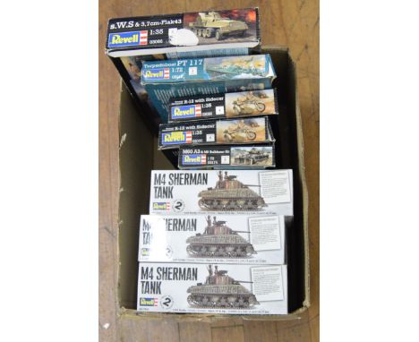 8 boxed Military related Model Kits by Revell in various different scales including a 3 x M4 Sherman Tank kits in 1/32 scale.