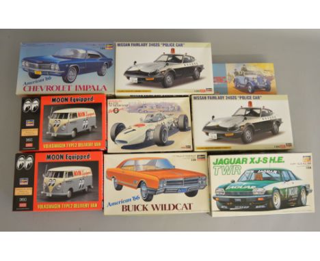 9 Car related Model Kits by Hasegawa in 1:24 and 1:72 scale including 2 x T2 Volkswagen Delivery Vans 'Moon Equipped'. All op