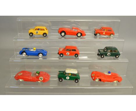 9 unboxed vintage Scalextric slot cars including Jaguar D type, Mini Cooper, Lister Jaguar etc. Conditions vary. (9)