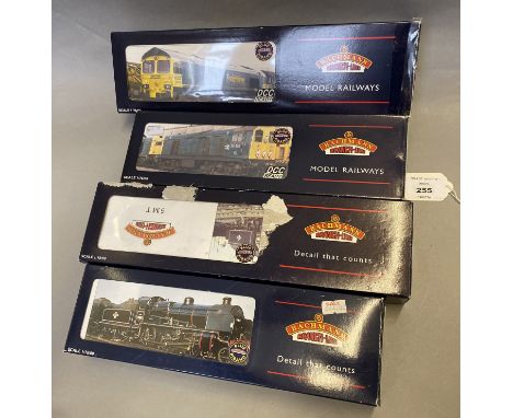 OO Gauge. Four boxed Bachmann Locomotives including two Steam and two Diesel models, with the Class 20 and Class 66 Diesel lo