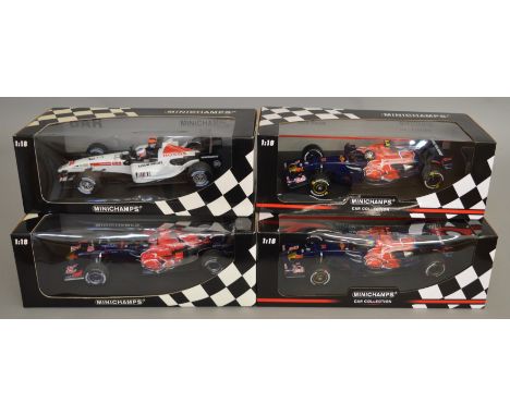 4 boxed Minichamps&nbsp; F1 Racing car models in 1:18 scale including Toro Rosso Cosworth STR1 V. Liuzzi 2006, B-A-R Honda 00