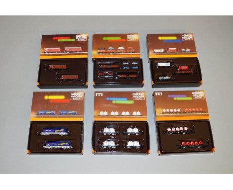 Z Gauge. 6 boxed Marklin Mini-Club Rolling Stock sets including 82502 Cement Silo Wagons and 86221 Auto Car set, all appear V