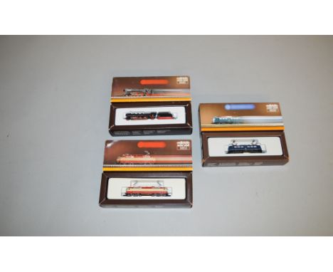 Z Gauge. 3 boxed Marklin Mini-Club Locomotives including 8839 BR110 Electric, 8853 DB Class 120 Electric and 8885 DB 4-6-2 St
