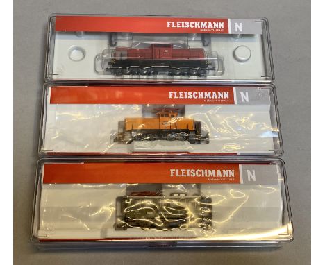 N Gauge.EX SHOP STOCK. 3 boxed Fleischmann Locomotives including  two Diesels 721101 and 722085 together with 796802 Electric