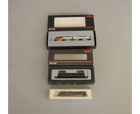 Z Gauge. 3 boxed Marklin Mini-Club Locomotives including 88606 Santa Fe EMD F7a/b, 88490 Pennsylvania Electric together with 