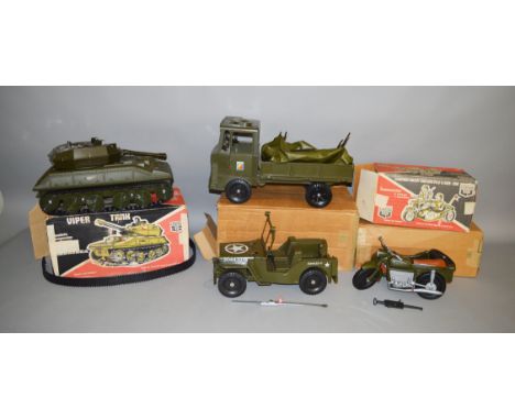 4 Action figure accessory vehicles by Cherilea, Viper Tank, German Army motorcycle &amp; side-car etc (4)