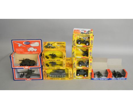 7 boxed Crescent Military Vehicle models including 1264 Scorpion Tank, 3 x 1249 10 Pdr Field Gun together with four boxed ite